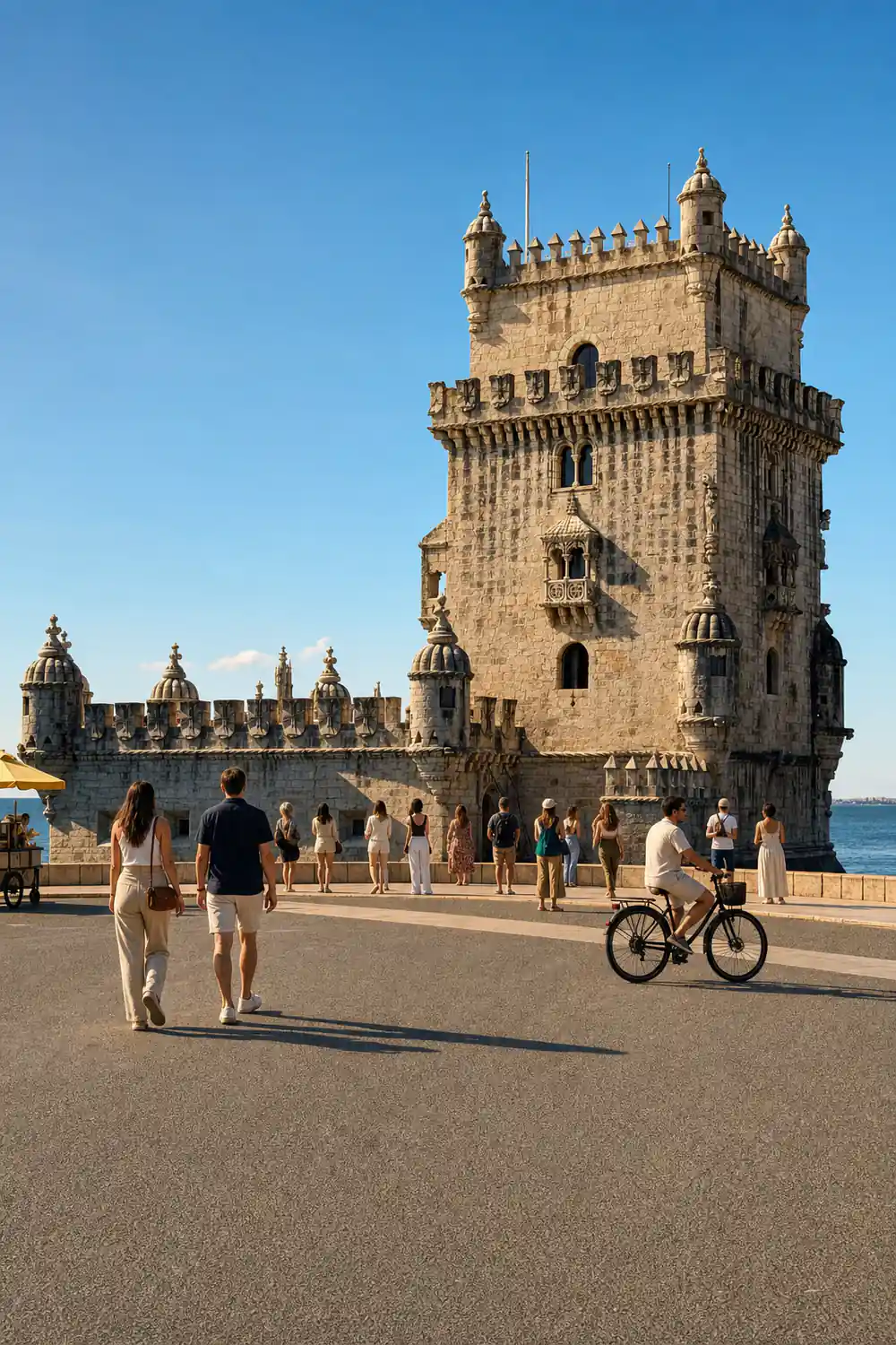The Belem Tower rising from the waterfront with visitors below